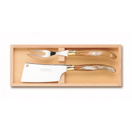 Wood box of Laguiole cheese service brass bolster