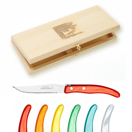 Wood box of 6 Berlingot knives mix coloured resin handle