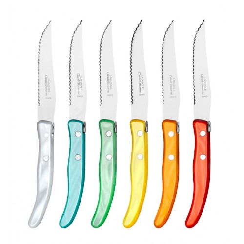 Wood box of 6 Berlingot knives mix coloured resin handle