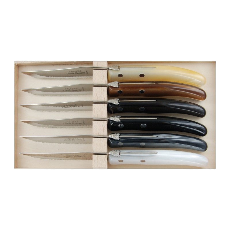 Wood box of 6 Berlingot knives mix coloured resin handle