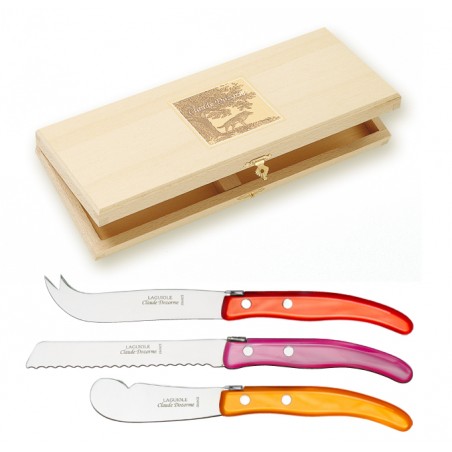 Wood box of Berlingot 3P breakfast set mix coloured resin handle