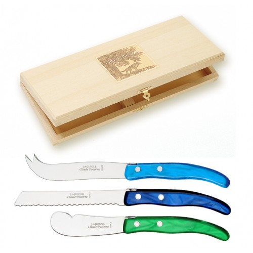 Wood box of Berlingot 3P breakfast set mix coloured resin handle