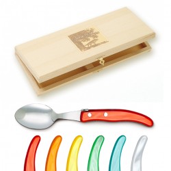 Coffret de fourchettes de table Laguiole avec manche en corian rouge  Longueur du manche 12 cm Abeille Abeille soudée Mitres 2 mitres inox  brillant Conditionnement Boîte de 6 Galbe du manche et