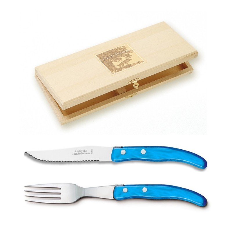 Coffret hêtre berlingot 6 couteaux et 6 fourchettes manche nacrine unie