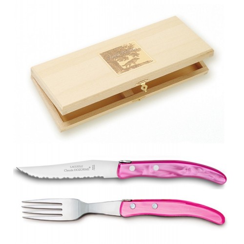 Coffret hêtre berlingot 6 couteaux et 6 fourchettes manche nacrine unie