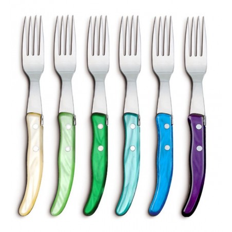 Wood box berlingot 6 knives and 6 forks mixed color resin handle