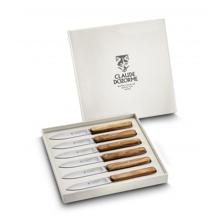 6 COUTEAUX STEAK CREATION MANCHE EN BOIS D'OLIVIER LAME A TRANCHANT LISSE -  EN COFFRET