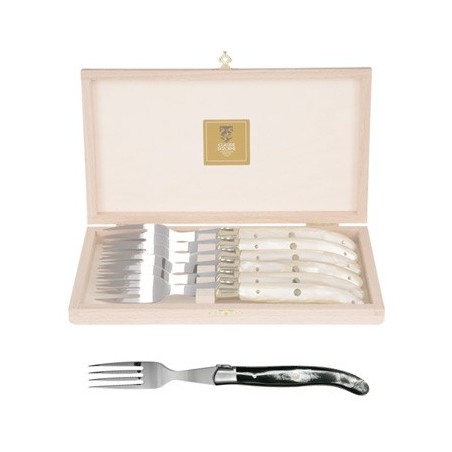Wood box of 6 Laguiole forks stainless steel bolster