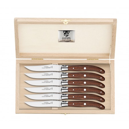 Wood box of 6 Laguiole knives stainless steel bolster Claude Dozorme