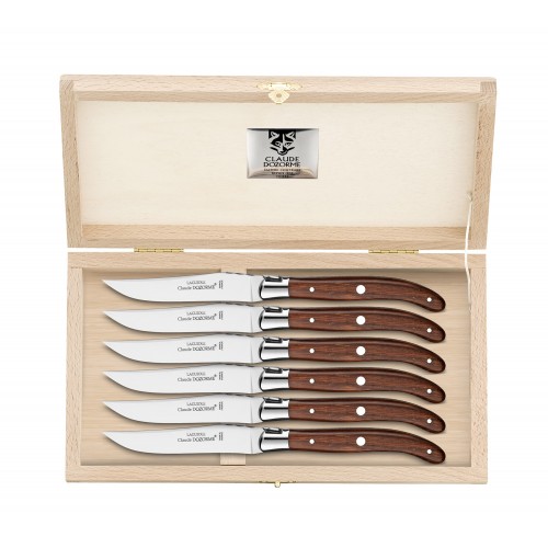 Wood box of 6 Laguiole knives stainless steel bolster Claude Dozorme