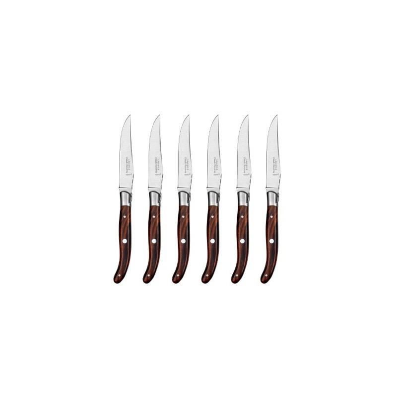 Wood box of 6 Laguiole knives stainless steel bolster Claude Dozorme