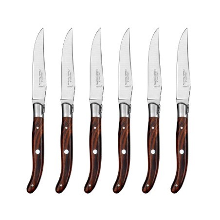 Wood box of 6 Laguiole knives stainless steel bolster Claude Dozorme