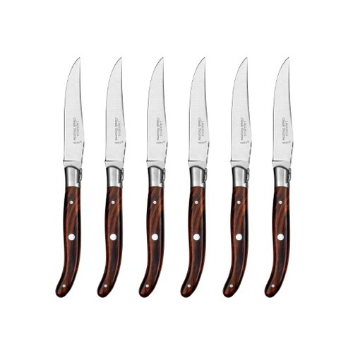 Wood box of 6 Laguiole knives stainless steel bolster Claude Dozorme