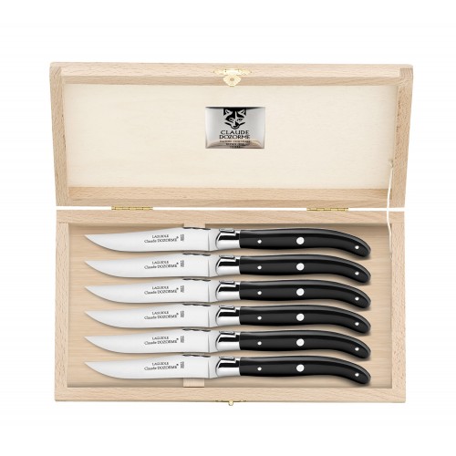 Wood box of 6 Laguiole knives stainless steel bolster Claude Dozorme