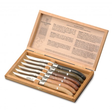 Wood box of 6 Laguiole knives stainless steel bolster Claude Dozorme