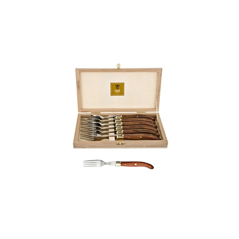 Coffret hêtre 6 fourchettes à steak Laguiole mitre inox manche corne noire