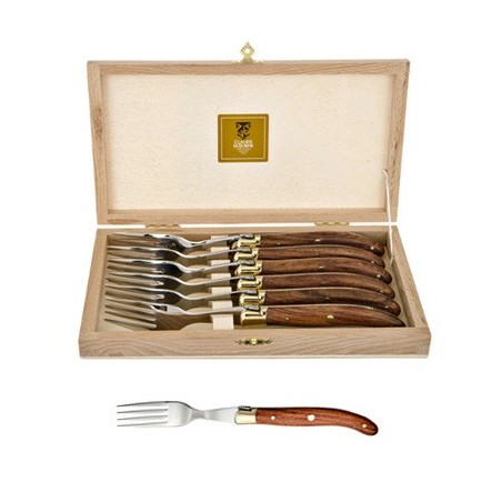 Wood box of 6 Laguiole forks brass bolster