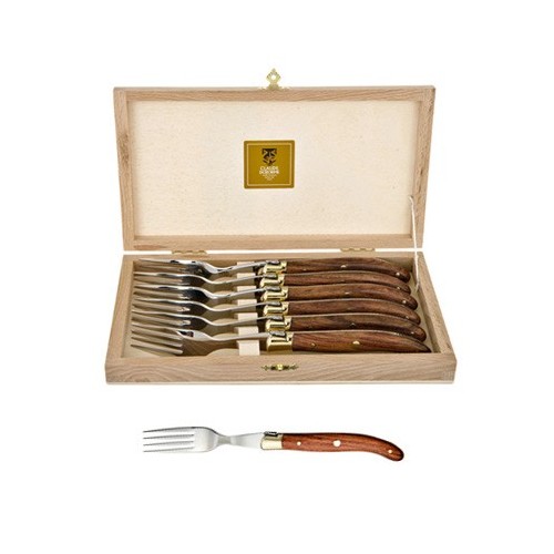 Wood box of 6 Laguiole forks brass bolster