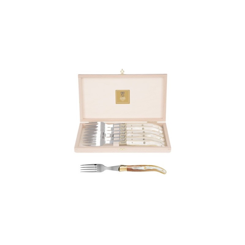 Wood box of 6 Laguiole forks brass bolster