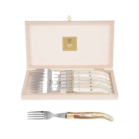 Wood box of 6 Laguiole forks brass bolster