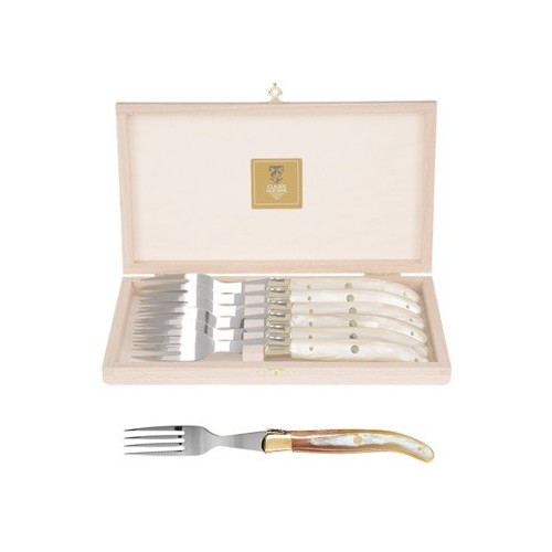 Wood box of 6 Laguiole forks brass bolster