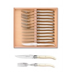 Coffret hêtre 6 couteaux et 6 fourchettes super Laguiole mitre inox manche nacrine ivoirine