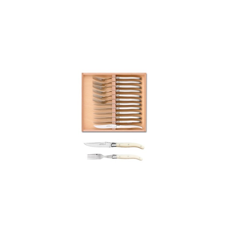 Wood box of Laguiole 6 knives + 6 forks stainless steel bolster ivory handle