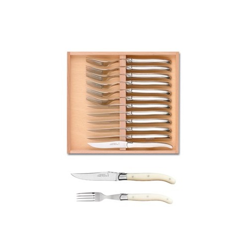Coffret hêtre 6 couteaux et 6 fourchettes super Laguiole mitre inox manche nacrine ivoirine