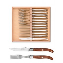 Coffret hêtre 6 couteaux et 6 fourchettes super Laguiole mitre inox manche nacrine ivoirine