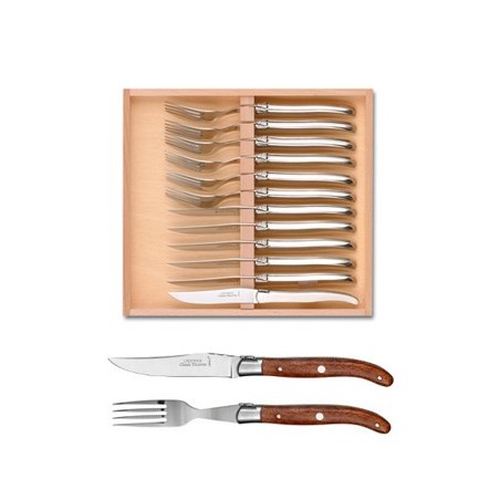 Wood box of Laguiole 6 knives + 6 forks stainless steel bolster ivory handle