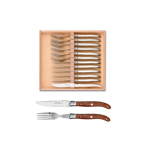 Wood box of Laguiole 6 knives + 6 forks stainless steel bolster ivory handle