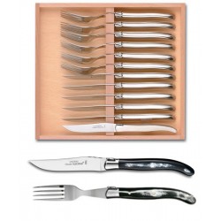 Coffret hêtre 6 couteaux et 6 fourchettes super Laguiole mitre inox manche nacrine ivoirine