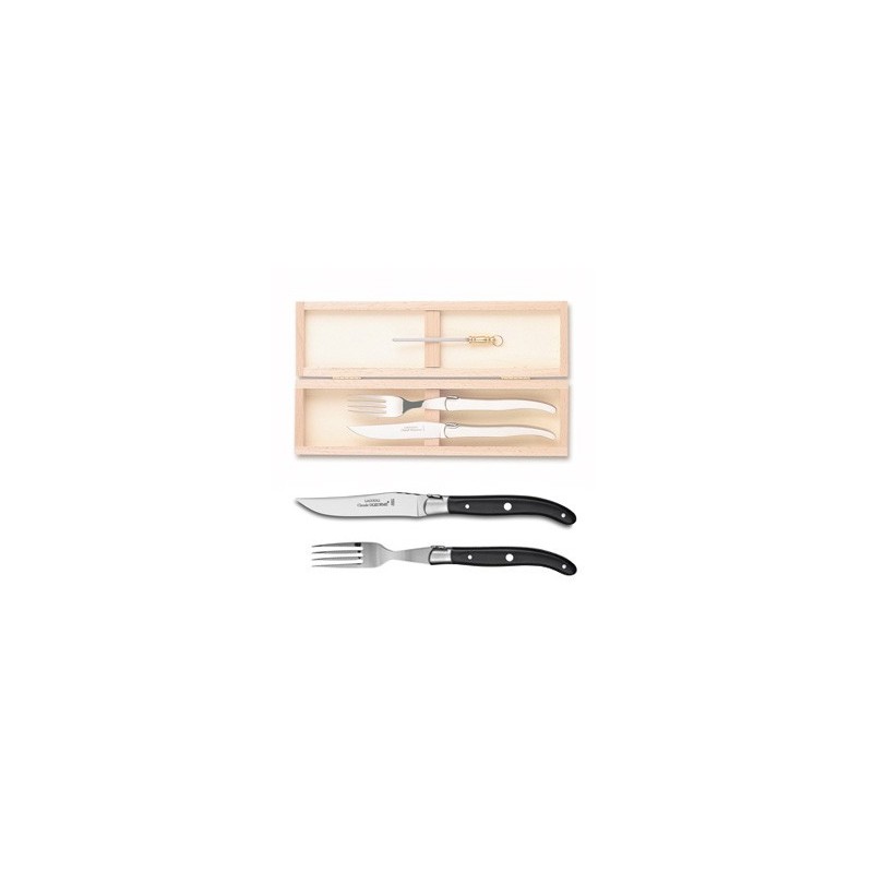 Wood box of 1 Laguiole knife + 1 fork stainless steel bolster ivory handle + 1 small sharpener