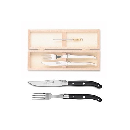 Coffret hêtre 1 couteau et 1 fourchette super Laguiole mitre inox + mini fusil manche nacrine ivoirine