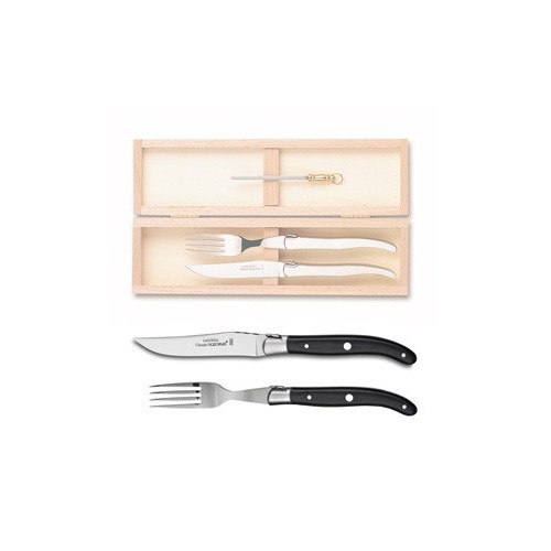 Wood box of 1 Laguiole knife + 1 fork stainless steel bolster ivory handle + 1 small sharpener