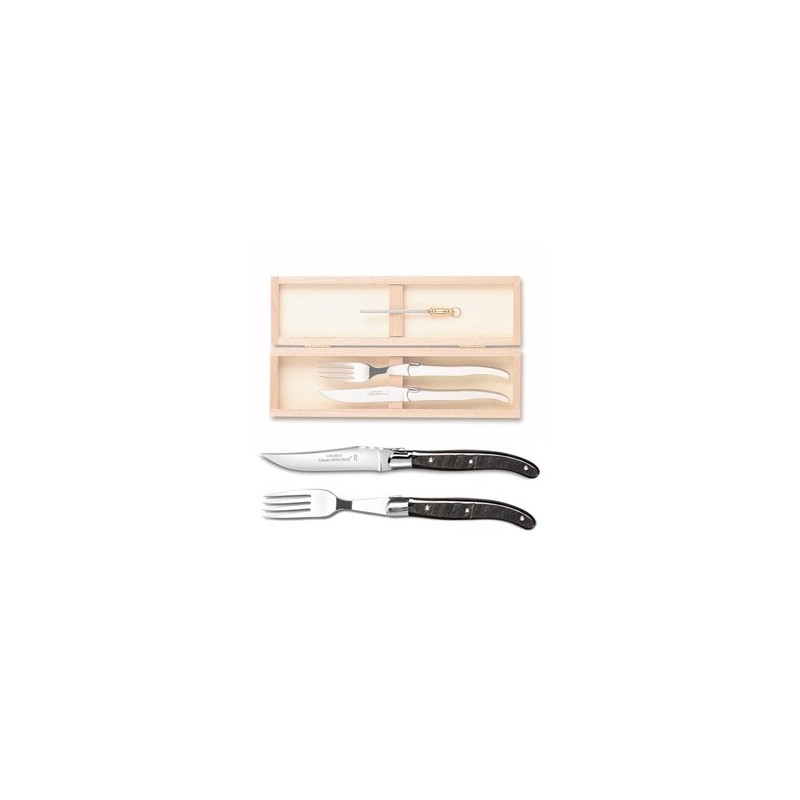 Wood box of 1 Laguiole knife + 1 fork stainless steel bolster ivory handle + 1 small sharpener