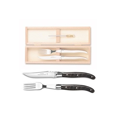 Coffret hêtre 1 couteau et 1 fourchette super Laguiole mitre inox + mini fusil manche nacrine ivoirine