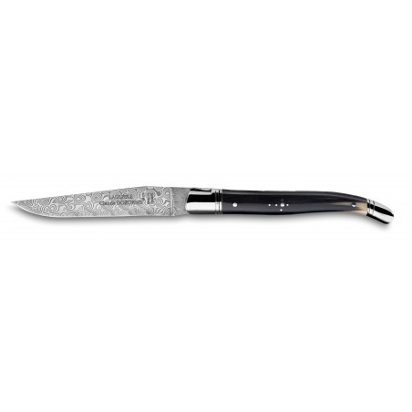 Laguiole pocket knife Damascus blade black horn handle