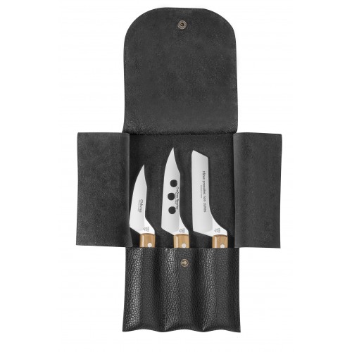 Leather case with 3 cheese knives for service olive wood handle