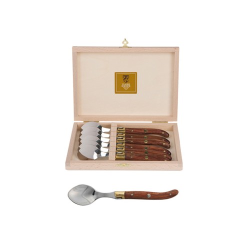 Coffret hêtre 6 cuillères à entremet Laguiole mitre laiton