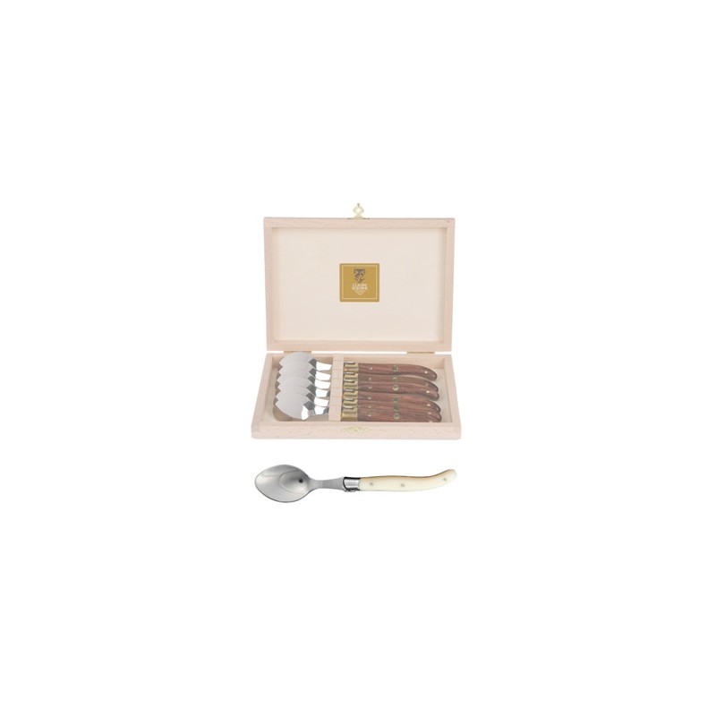 Coffret hêtre 6 cuillères à café Laguiole mitre inox manche nacrine
