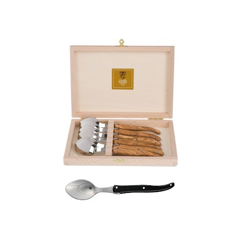 Coffret hêtre 6 cuillères à entremet Laguiole plein manche