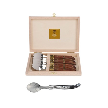 Wood box of 6 Laguiole coffee spoons stainless steel bolster black horn handle