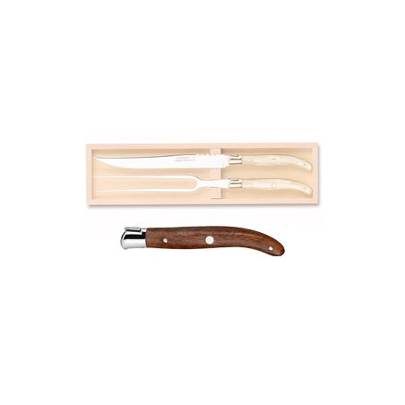 Coffret hêtre service à découper 2 pièces super Laguiole mitre inox manche nacrine ivoirine