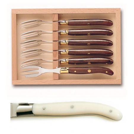 Wood box of 6 Laguiole cake forks stainless steel bolster ivory handle