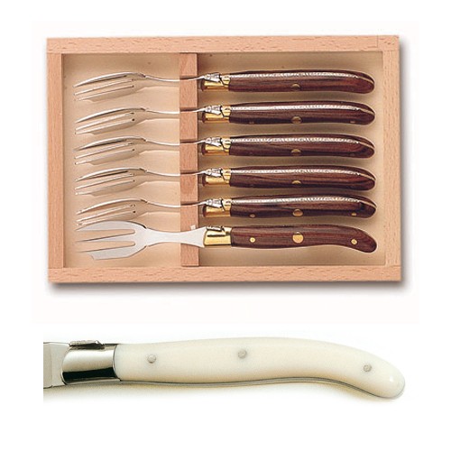 Coffret hêtre 6 fourchettes à gâteaux mitre inox manche nacrine ivoirine