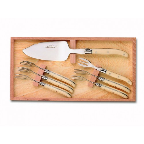 Wood box of 7P Laguiole cake set stainless steel bolster ivory handle