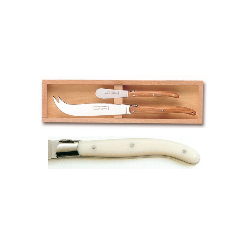 Wood box of Laguiole cheese knife + spreader stainless steel bolster ivory handle