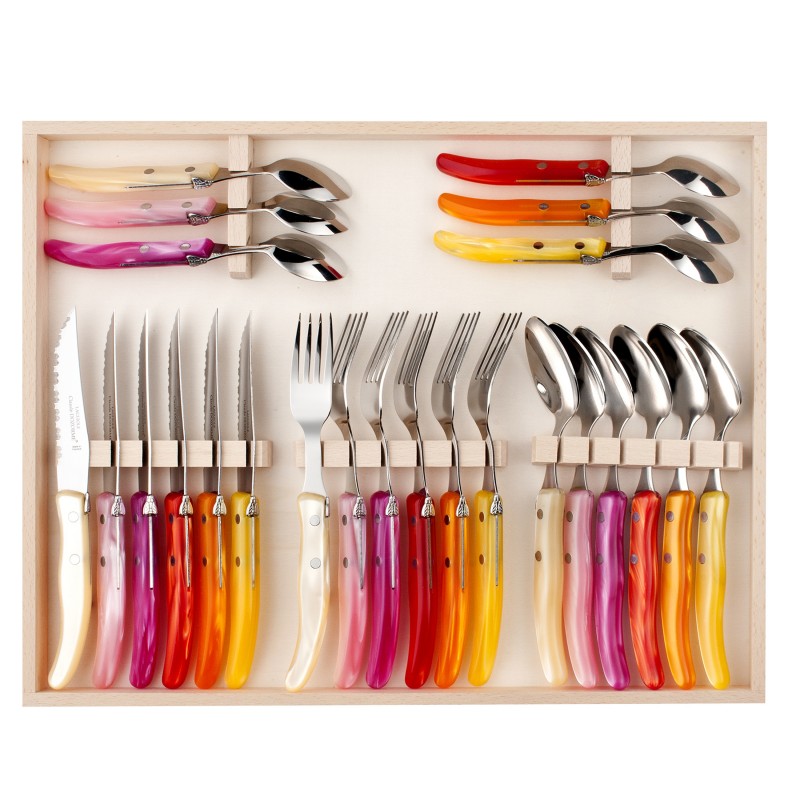 Wood box of 24 pieces berlingot mixed color resin handle