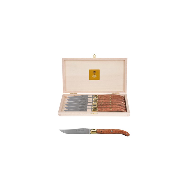 Wood box of 6 Laguiole knives brass bolster